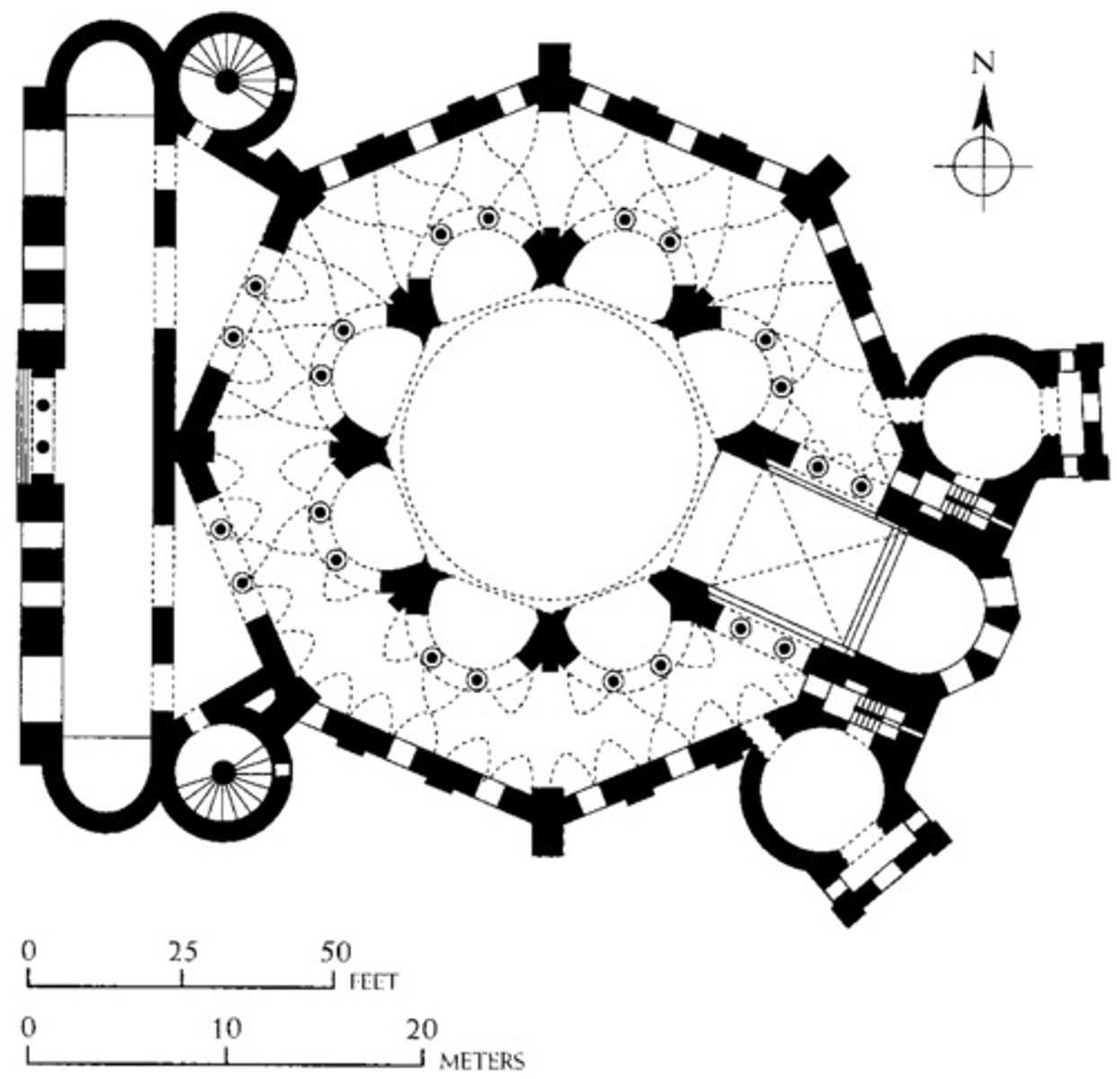 <p>a ring shaped aisle around a circular nave</p>