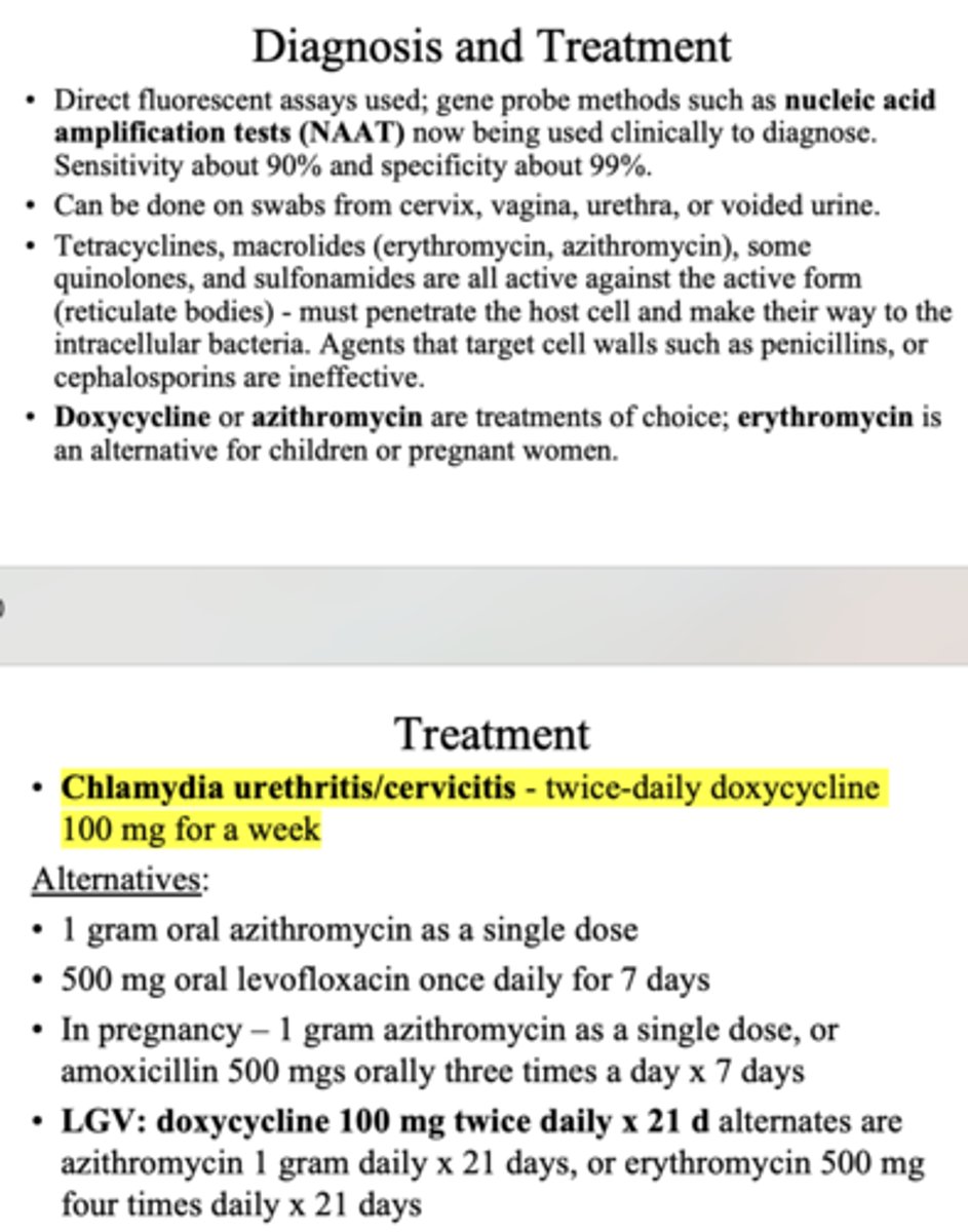 <p>Doxycycline or azithromycin</p><p>Erythromycin for pregnant women/children</p><p>(Chlamydia urethritis/cervicitis - twice-daily doxycycline 100 mg for a week)</p>