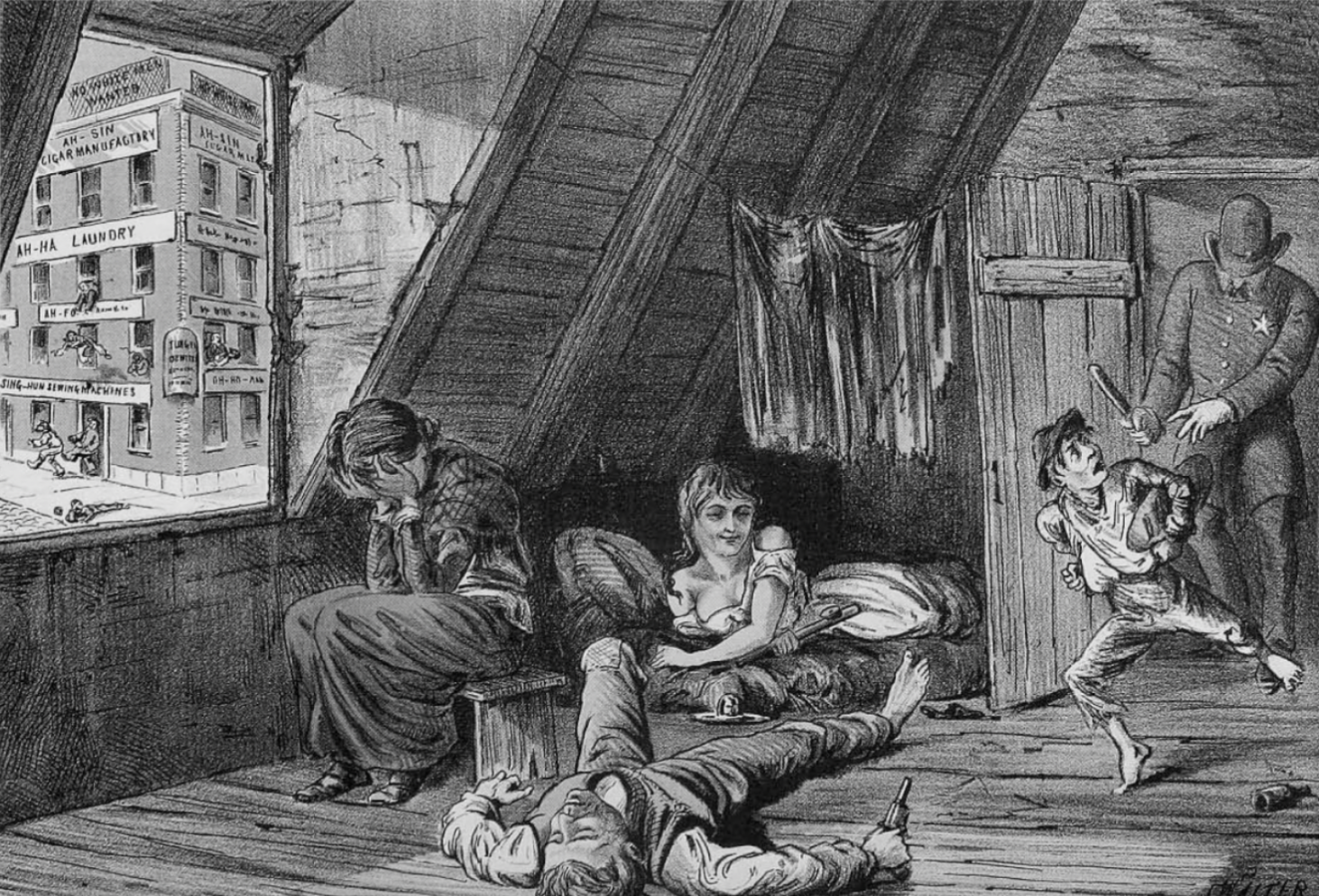 <p>Encapsulates racialisation of proletarian labour through creation of coolie labour. Seen in a lithograph that shows a white worker’s family deteriorating (drunk, prostitute, thievery) with a prosperous building with stereotyped names and caricatures of Chinese people. Call to Irish people to join white working class movement against Chinese workers. Concept of what white workers believed the consequences of coolieism were.</p>