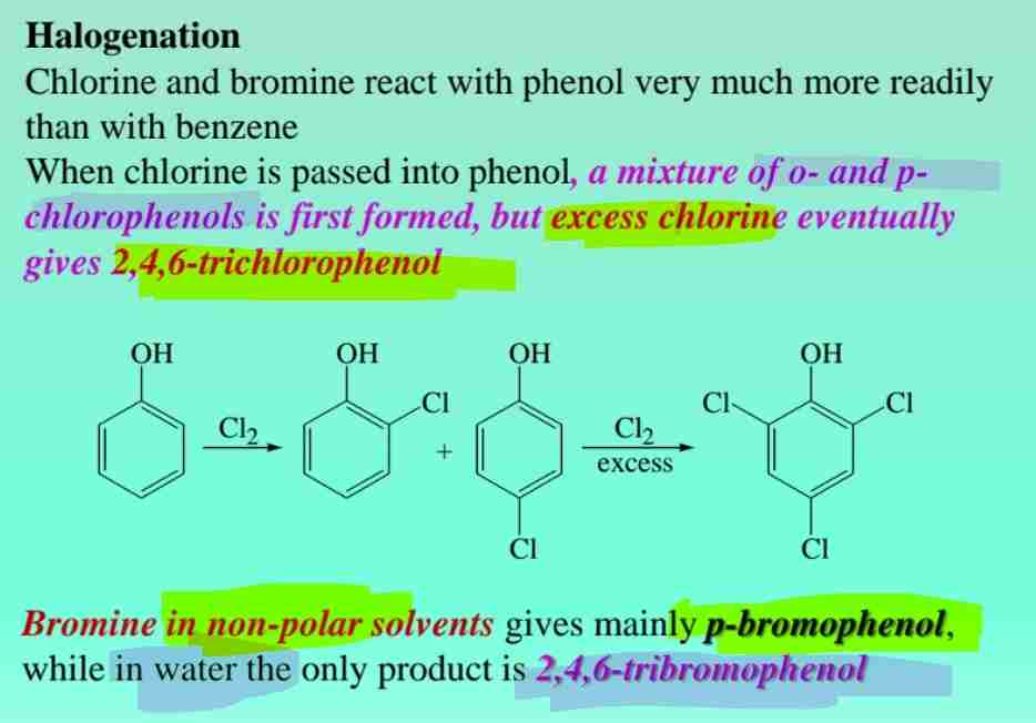 <p><span>Phenols react readily with halogens to produce halogenated derivatives (e.g., trichlorophenol).</span></p>