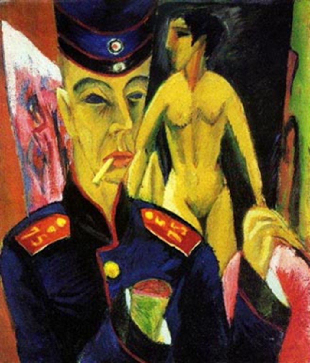 <p>German Expressionist movement that focused on distortions of form, ragged outlines, and agitated brush strokes to provoke powerfully emotional works; started by Ernst Ludwig Kirchner</p>