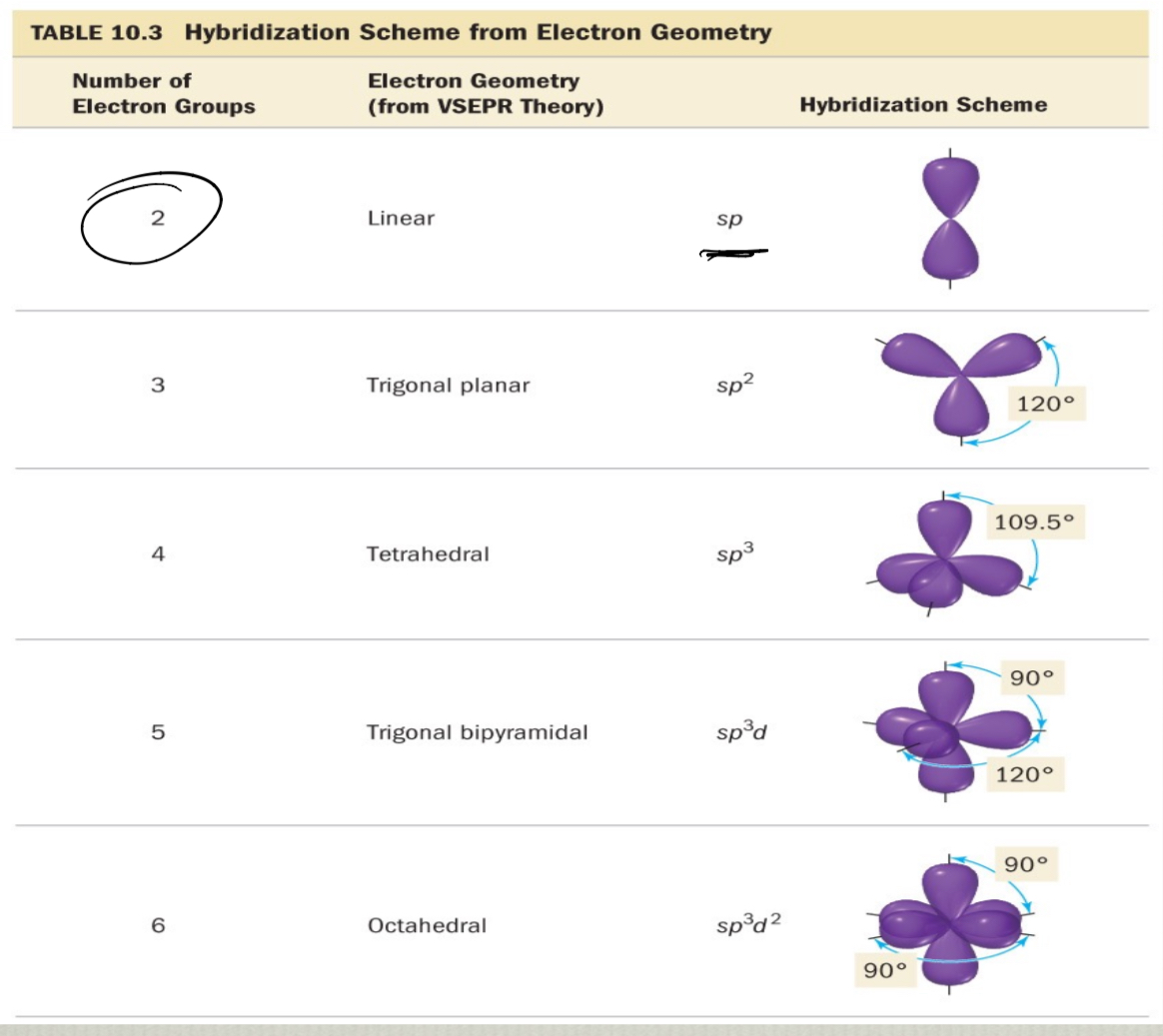 <ul><li><p>draw the correct Lewis structure </p></li><li><p>determine the steric # (or # of electron groups)</p></li><li><p>the geometry of the steric # determines the hybridization </p></li></ul><p></p>