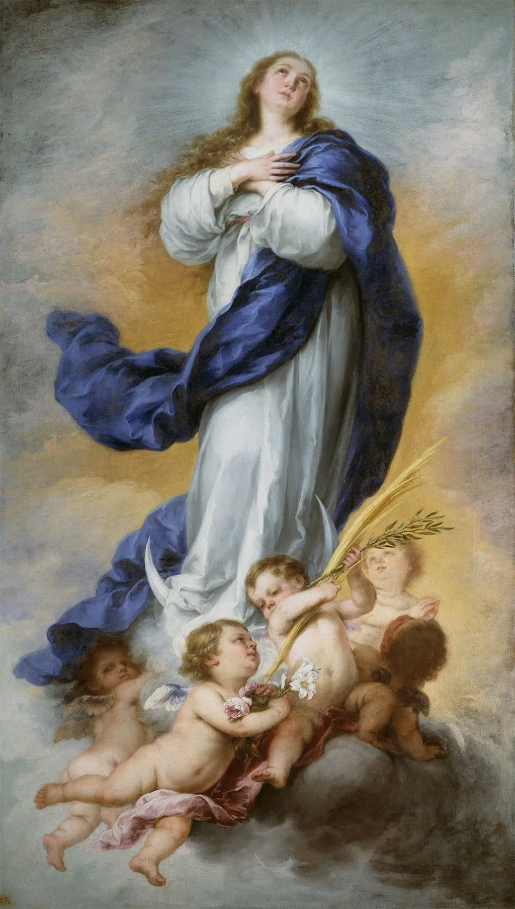 <p>Maria z Nazaretu<span> bez dziecka, w młodym wieku, w białej sukni i błękitnym płaszczu, na tle nieba, stojącą na półksiężycu oplecionym wężem, otoczoną świetlistą </span>mandorlą<span> i koroną z gwiazd.</span></p>