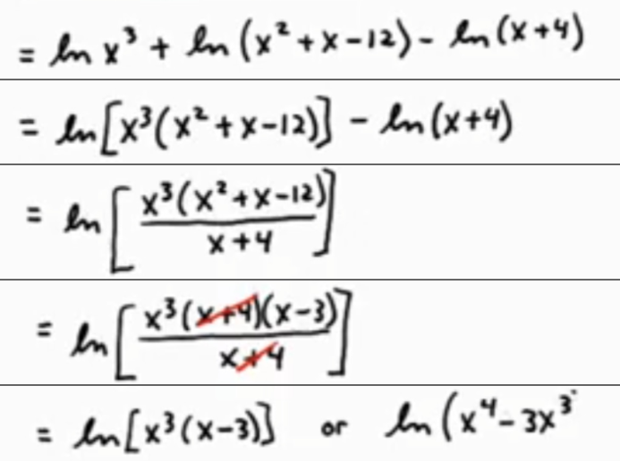 <ol><li><p>Power property of logarithms</p></li><li><p>Product property of logarithms</p></li><li><p>Quotient property</p></li><li><p>Simplify fraction and cancel out</p></li></ol><p></p>