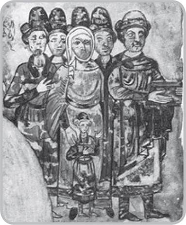 <p>Родина князя Святослава Ярославовича. Мініатюра з «Ізборника», 1073</p>