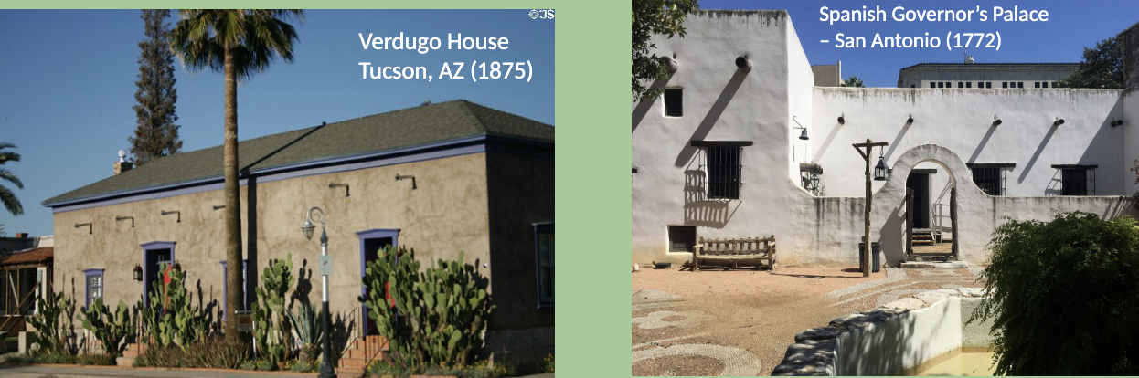 <p><span>Pitched roof with side gable. Traditional tera cotta tiled roof OR Flat</span><br><span>roof with a parapet</span><br><span>Masonry construction, thick walls - typically with stucco exterior</span><br><span>Most often one story</span><br><span>Small windows, but with multiple exterior doors</span><br><span>Many have interior courtyards and/or exterior porches</span><br><span>Interior roof often has exposed roof timbers which are structural</span></p>
