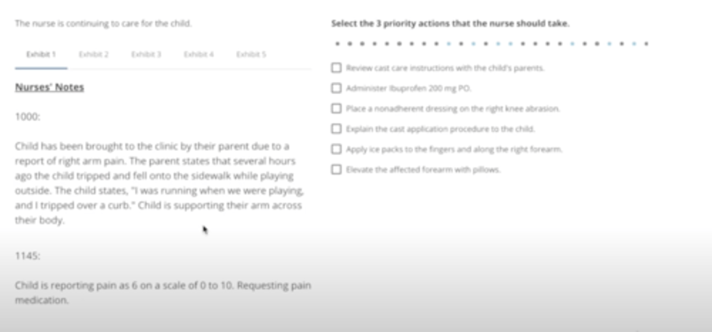 <p>Review cast care instructions with the child's parents</p><p>administer ibuprofen 200 milligrams PO</p><p>elevate the affected forearm with pillow</p>