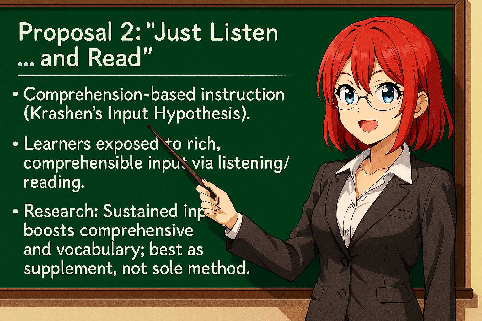 <ul><li><p>Comprehension‑based instruction (Krashen’s Input Hypothesis).</p></li><li><p>Learners exposed to rich, comprehensible input via listening/reading.</p></li><li><p>Research: Sustained input boosts comprehension and vocabulary; best as supplement, not sole method.</p></li></ul><p></p>