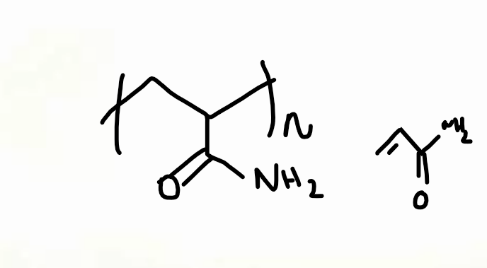 <p>polyacryloamide PAM, hydrophilic (becomes viscous and forms a gel with water), used for paper</p>