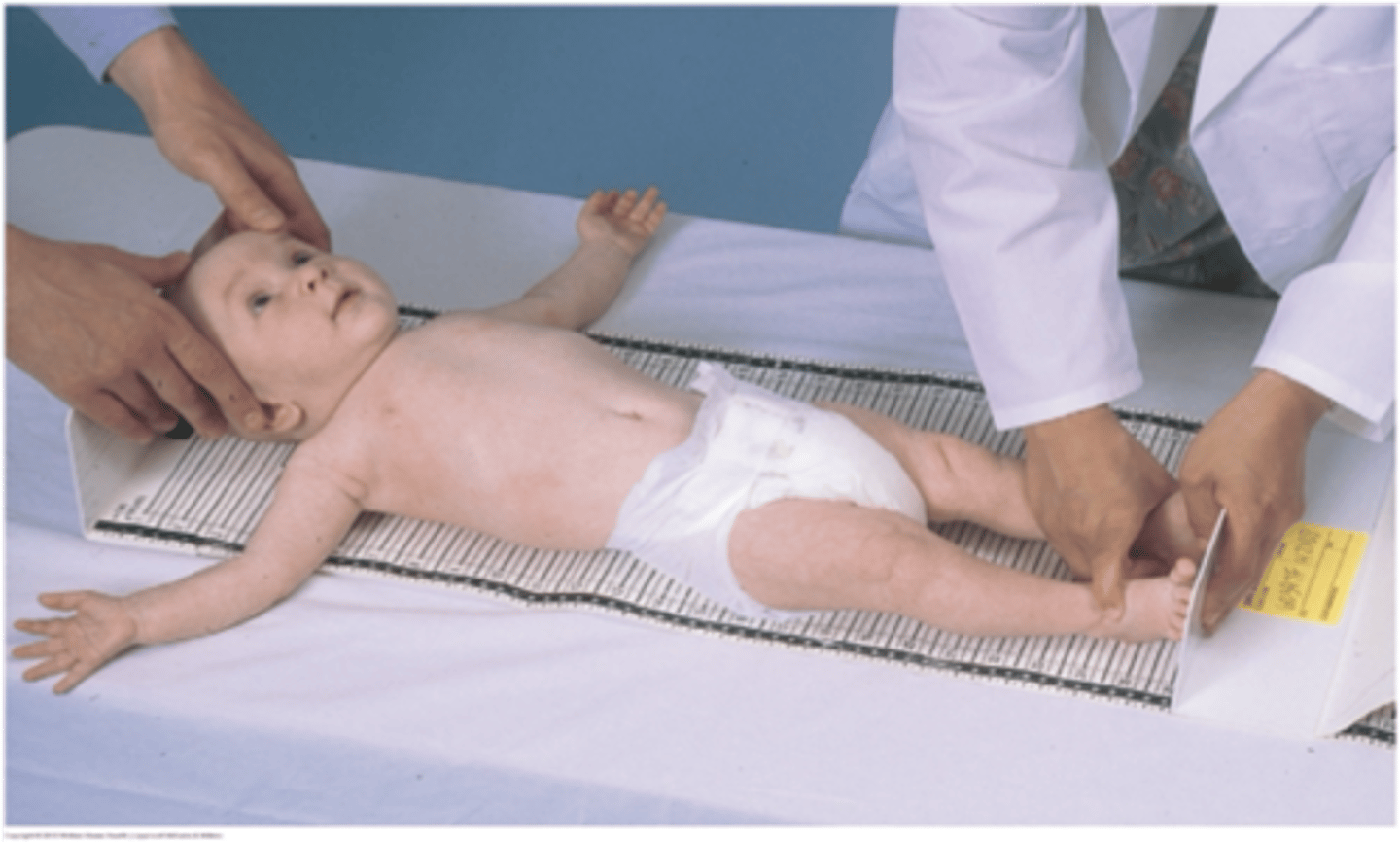 <p>height- every visit ( supine on measuring board for &lt;2</p><p>weight- every visit ( naked or with diaper) + BMI or BSA</p><p>Head circumference- every visit btw birth and 2 yo</p><p>Blood pressure - after age 3</p><p>Pulse- higher in infancy</p><p>Respiratory rate-higher in infancy</p><p>Temp</p>