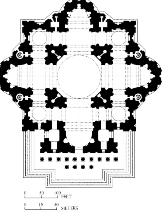 <p>Michelangelo, plan for St. Peter’s, 1546. Central plan church</p>
