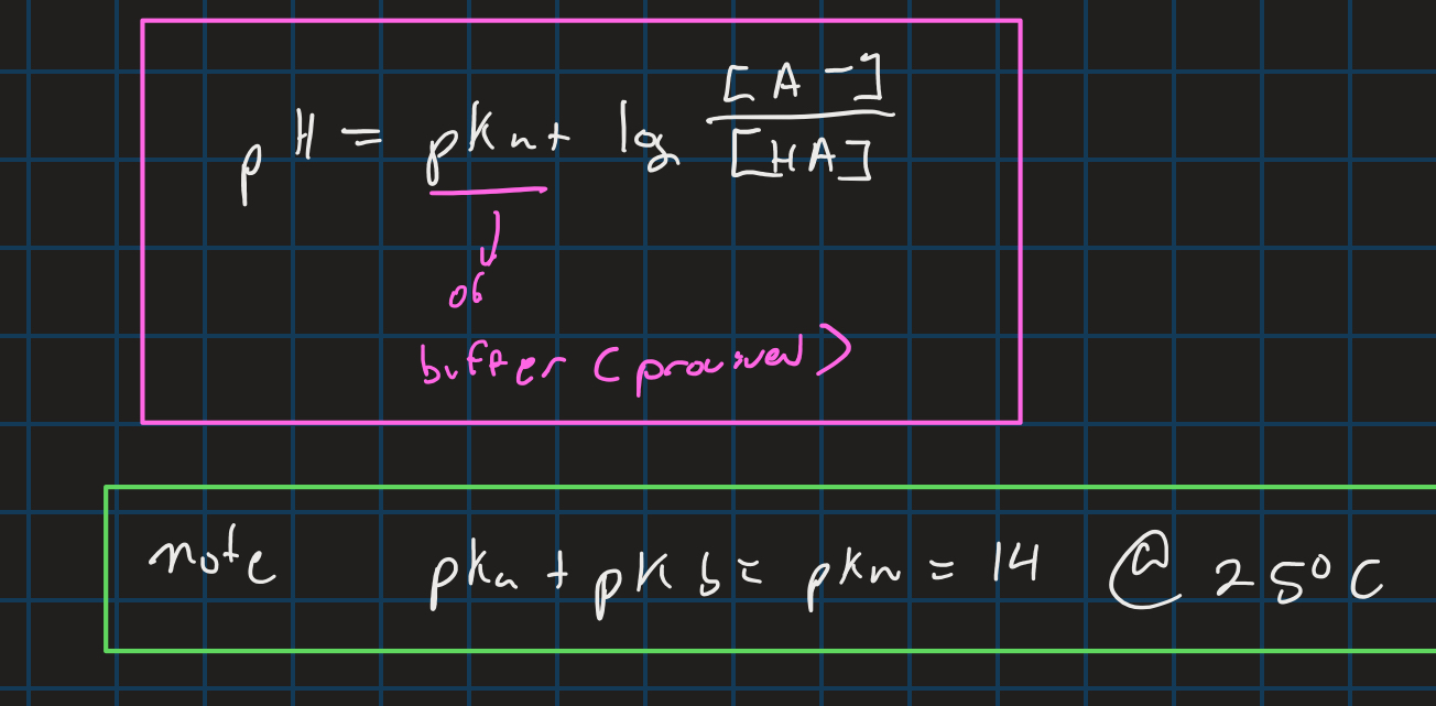 <p>use pka of acid to calculate pkb of it conjugate base and vice versa  (same for pOH but with Pkb and BH+ /B)</p>