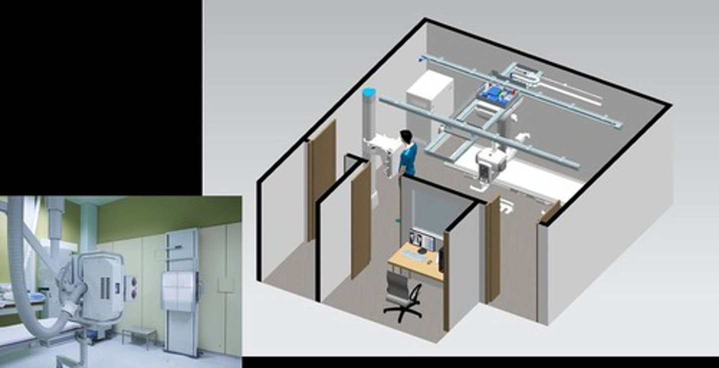 <p>The layout of an X-ray room includes the X-ray tube assembly and designated areas for patient positioning.</p>
