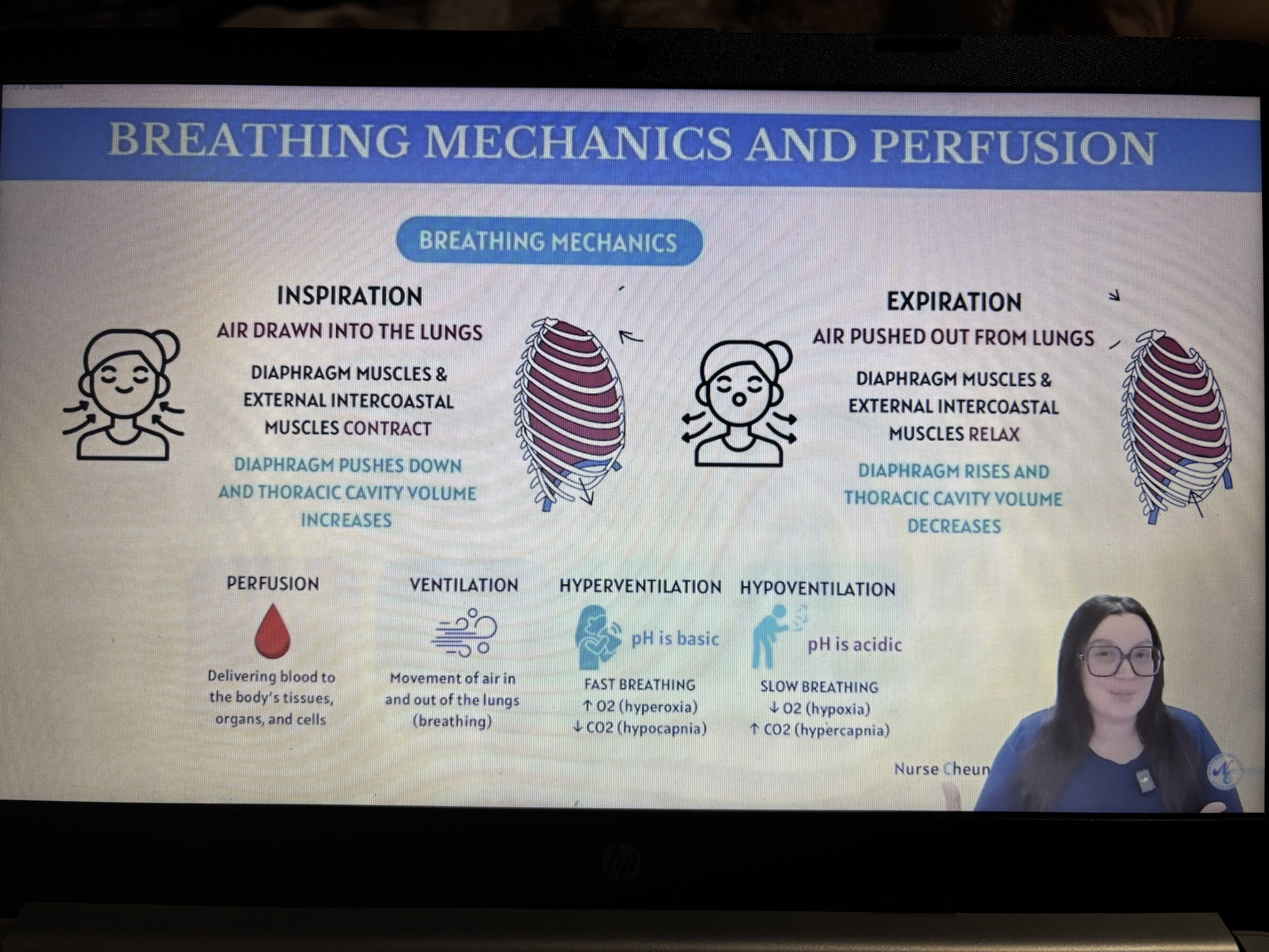 <p>Perfusion, ventilation, hyperventilation, hypoventilation</p>