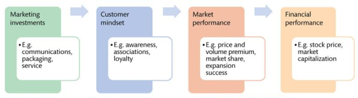 <p>= Process where a brand creates value</p><ol><li><p>Marketing investments</p></li><li><p>Customer mindset: Associations, loyalty, awareness</p></li><li><p>Market performance: Tangible outcomes of customer attitudes</p></li><li><p>Financial performance: Reflects economic values</p></li></ol><p></p>