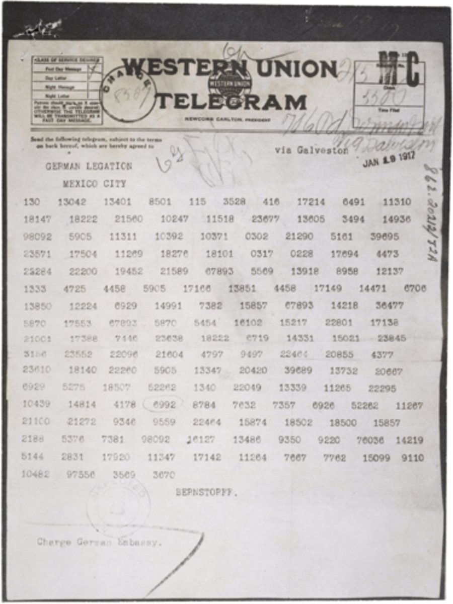 <p>This intercepted note from the German foreign minister to the Mexican government offered, territories in Texas, Arizona and New Mexico for Mexico. The note also confirmed the new policy of unrestricted submarine warfare by Germany against the Allied Powers. This helped turn Americans against Germany in WWI.</p>