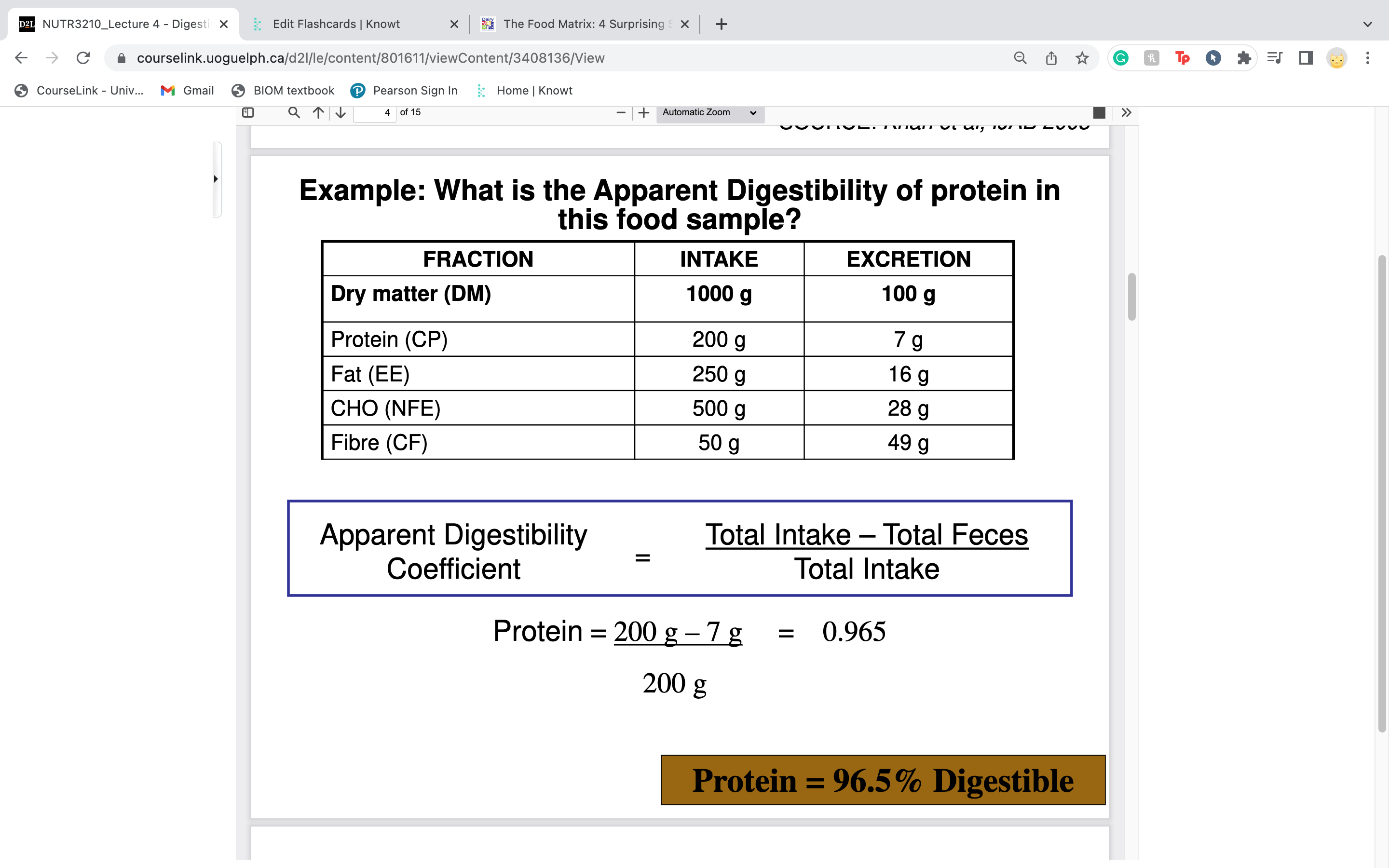 \-allow animal to adapt to the diet over a 7-21 day period 

\-isolate animal for quantitative analyses

\-measure intake over 3-10 day period 

\-collect and weigh ==**all**== feces 

\-analyze for nutrient of interest

\
measures the apparent digestibility coefficient 