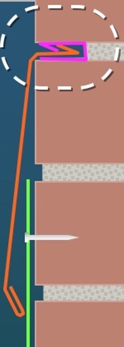 <p>a groove cut or formed in a vertical surface to receive flashing</p>