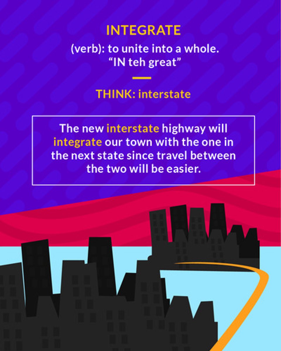 <p>To bring together and make whole</p><p>(verb) to unite into a whole</p>