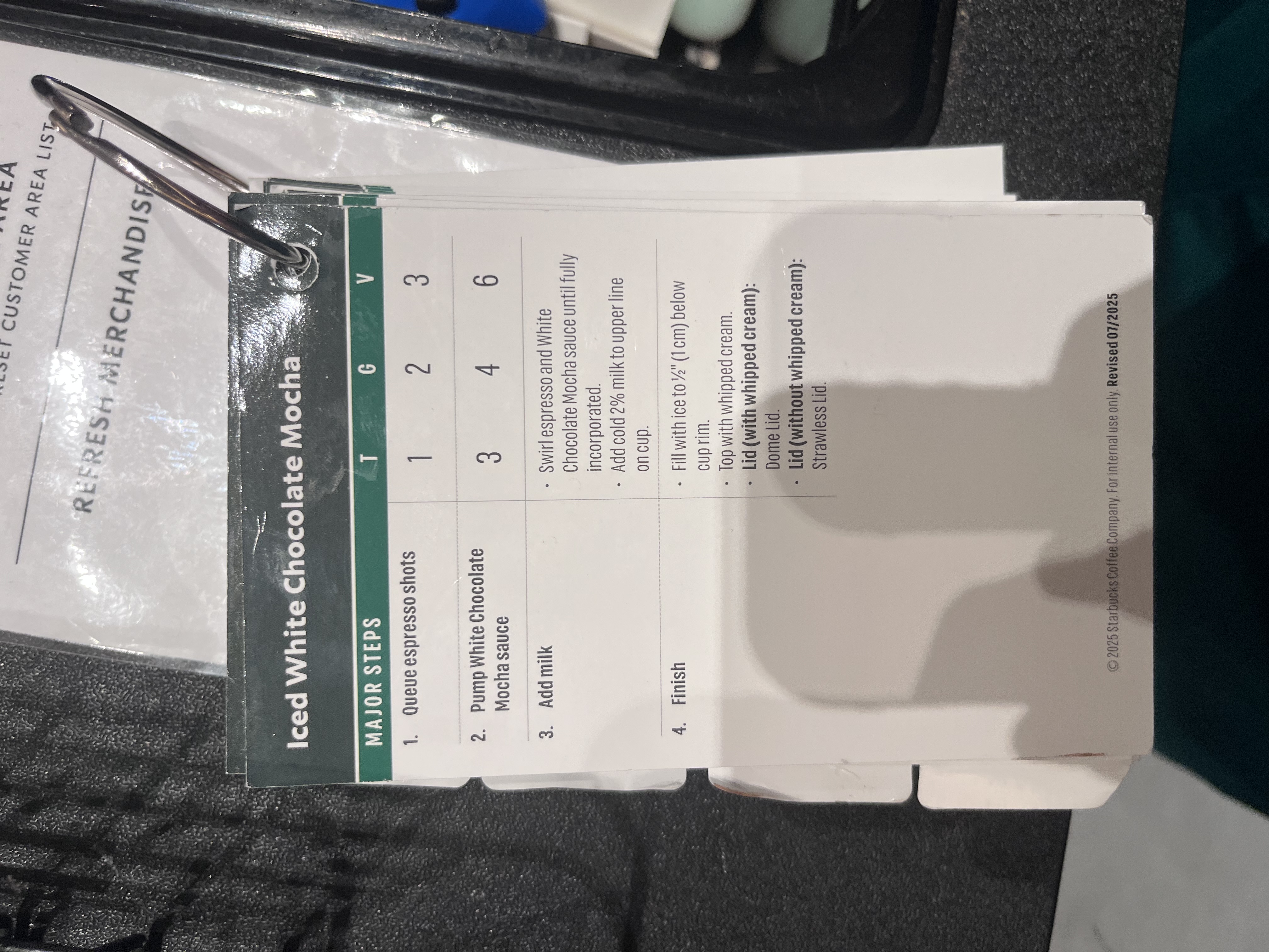 <p>1: queue two shots espresso </p><p>2: four pumps white mocha sauce in cup</p><p>3: add shots to cup, swirl</p><p>4: two percent milk to upper line</p><p>5: fill w/ ice, top whip cream </p>