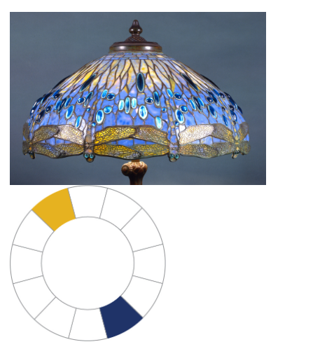 <p><span>The predominant colors of violet and yellow in this Tiffany glass lamp shade lie across from each other on the color wheel. This color scheme is called</span></p>