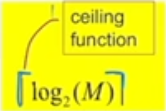 <ul><li><p>Number of symbols = to 2^ number of bits</p></li><li><p>if we had 2 symbols, one bit is needed</p></li><li><p>If we had 4 symbols, 2 bits are needed</p></li><li><p>If we have 2^n symbols, then n bits are needed</p><ul><li><p>We take the ceiling of log_2(M) to find number of bits for M symbol==</p></li></ul></li></ul>