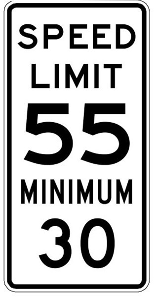 Speed limit signs indicate the maximum speed at which you may drive on an area of road. Minimum speed limits are usually posted on interstate freeways with controlled access. Do not drive slower than the minimum posted limit unless bad weather or poor road conditions make it necessary.