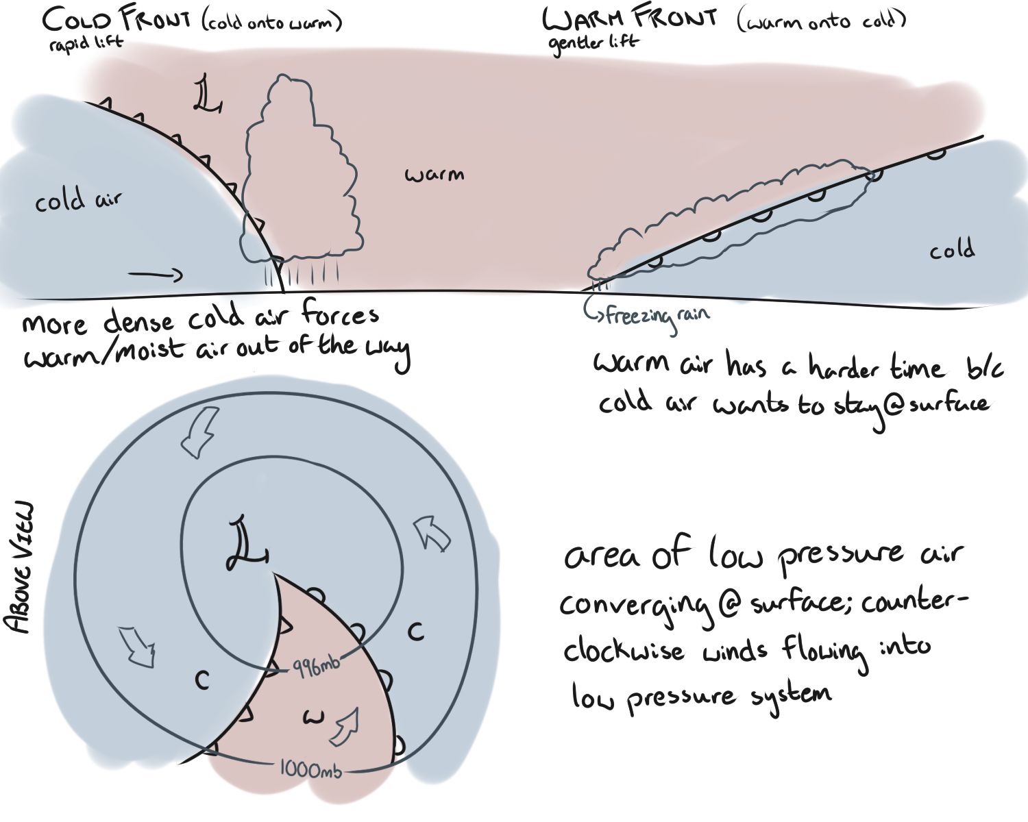 <p>based on concept of air masses</p><p><strong>air mass</strong>:<u> region of relatively homogeneous air</u>&nbsp;(so all one character),<u> described by its temperature and moisture content</u> (fairly uniform temp, humidity, stability)</p><ul><li><p><u>forms because air sits over a surface for a while (at least a few days) and takes on those characteristics</u></p><ul><li><p>ex. Gulf of Mexico → warm/moist</p></li><li><p>ex. Northern Canada winter → cold/dry</p></li></ul></li><li><p>not static, moves around</p></li></ul><p><u>at some point, air masses will meet, and forms an air mass front</u></p><ul><li><p>front: boundary between two dissimilar air masses</p></li></ul><p></p>