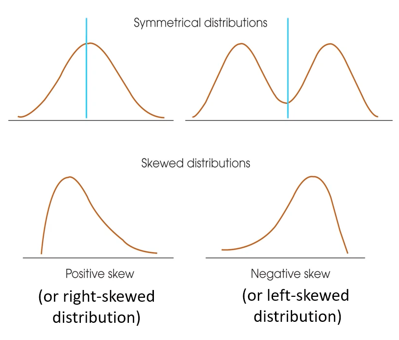 <ul><li><p>is it symmetrical or asymmetrical</p></li><li><p>symmetrical </p><ul><li><p>possible to draw vertical line through middle so sides mirror images </p></li></ul></li><li><p>assymetrical/skewed </p><ul><li><p>values pile up toward one end = taper off at <strong>tail of distribution </strong></p></li><li><p><strong>+ skew = tail RHS</strong></p><ul><li><p>higher values occur LESS frequently, lower values occur more frequently </p></li></ul></li><li><p><strong>- skew = tail LHS</strong></p><ul><li><p>higher values occur more frequently and lower values occur less frequently </p></li></ul></li></ul></li></ul><p></p>