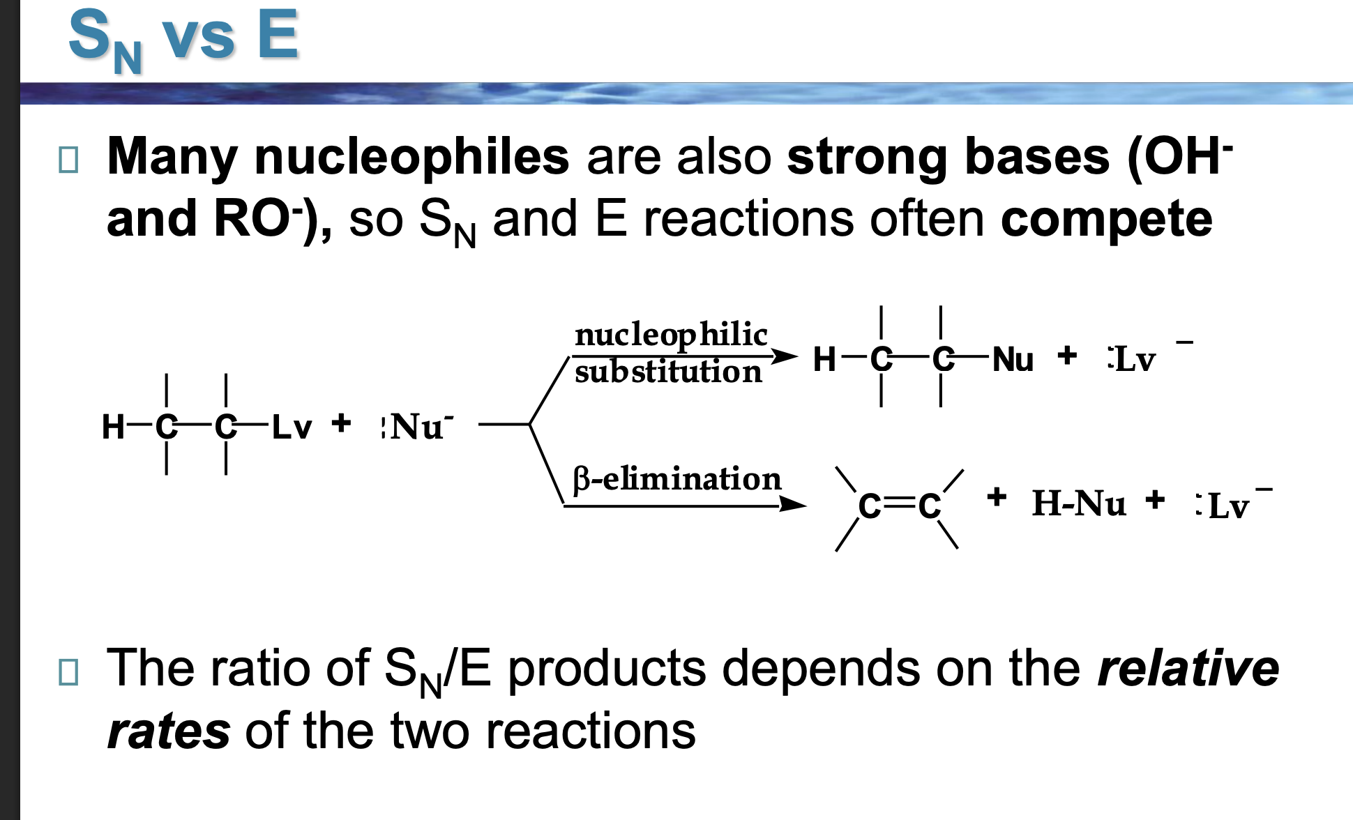 <p>Card 11 — Weak base, good nucleophile </p><p><strong>Front:</strong><br>If Nu⁻ is a <strong>weak base but good nucleophile</strong>, which path wins?</p>