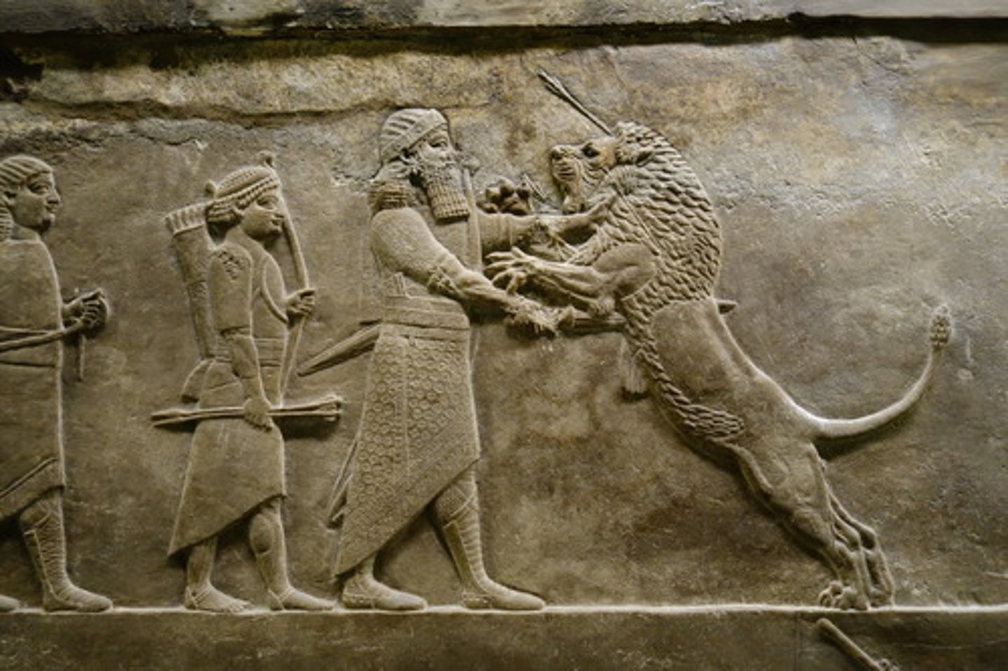 <p>Nineveh; Assyrian; 647 BCE</p><p>composite profile view</p><p>Hieratic scale (ashurbanipal would not actually be as big as the lion, but he is empahsized in this picture)</p><p>rosette bracelet</p><p>"palace reliefs celebrate king's power and relationship with the gods"</p>
