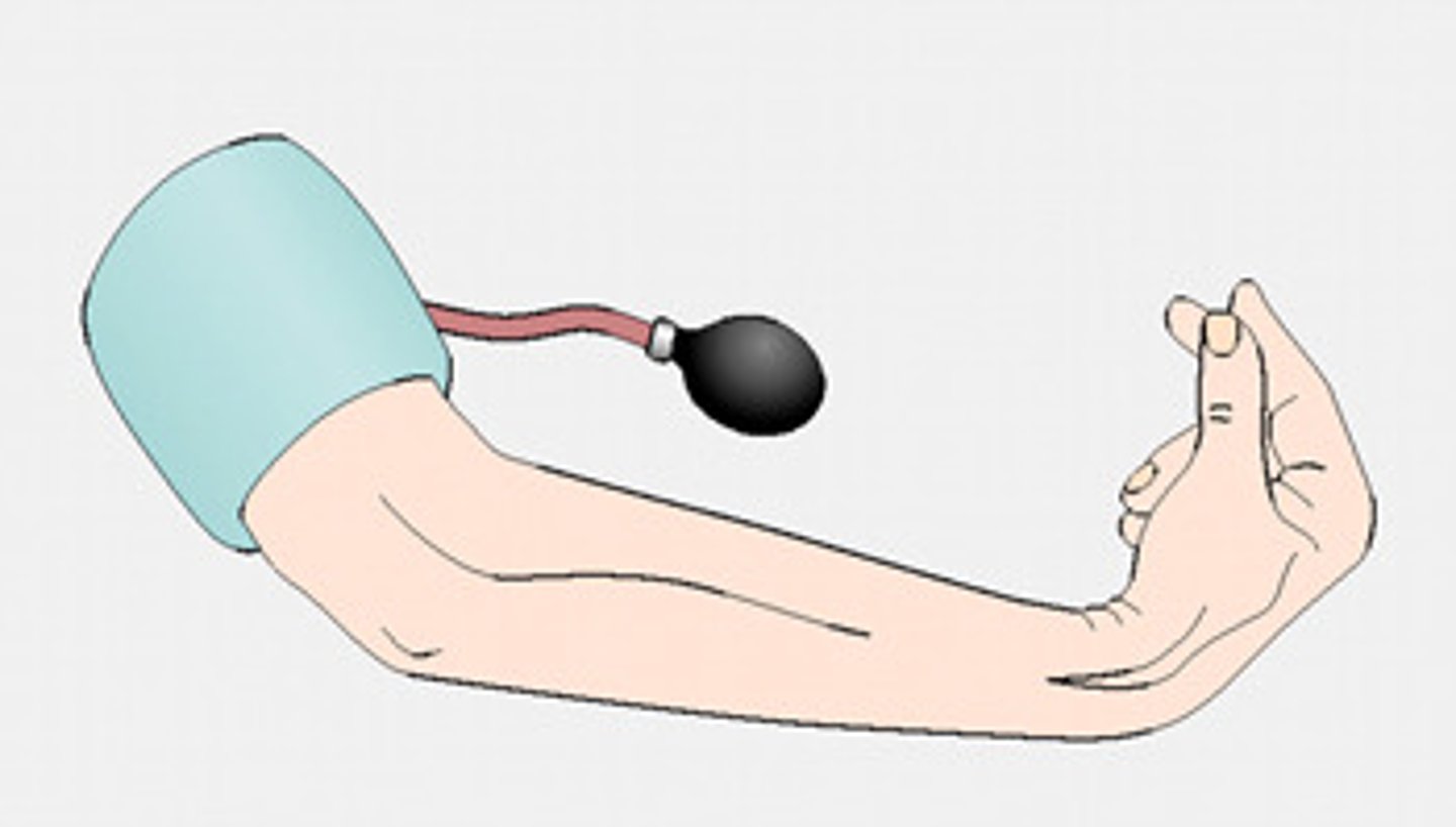 <p>carpopedal spasm induced when blood flow to the arm is occluded using a blood pressure cuff or tourniquet, causing ischemia to the distal nerves; suggestive sign for latent tetany in hypocalcemia</p>