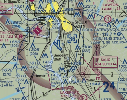 <p><span>(Refer to FAA-CT-8080-2H, Figure 78.) You have been contracted to inspect towers located approximately 4NM southwest of the Sioux Gateway (SUX) airport operating an unmanned aircraft. What is the maximum altitude above ground level (AGL) that you are authorized to operate over the top of the towers?</span></p>