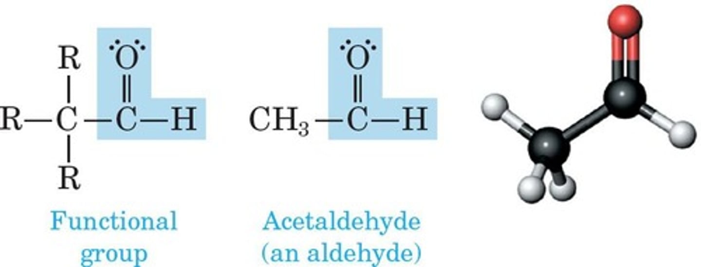 <p>Contains carbonyl group bonded to hydrogen.</p>