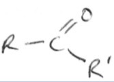<ol><li><p>Ketone has the functional groups C=O with the C attached to 2 R groups</p></li><li><p>It is often written as RCOR</p></li><li><p>It ends in -one</p></li></ol><p></p>