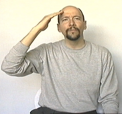 <p><span style="font-size: medium">touches the side of your forehead with the tips of the fingers of your hand in a flat shape.</span></p>
