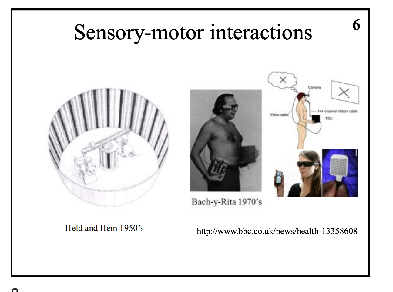 <p>How it works</p><ul><li><p>Use a camera and convert the visual field into tactile inputs whic can be sensed by the blind</p></li><li><p>felt on skin or tongue</p></li></ul><p>Result:</p><ul><li><p>Could <strong>only</strong> sense the environemnt if the camera was placed on the head (instead of just to the side)</p></li><li><p>This is because the wearer could <strong>actively move the camera</strong></p><ul><li><p>NOT PASSIVE</p></li></ul></li></ul><p></p>