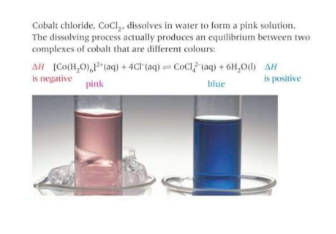 <p>Dissolve CoCl<sub>2</sub> in water in a boiling tube, add a small amount of HCl. Place in iced water and solution should be pink. Set up a boiling water bath and transfer the tube to the boiling water. The solution will be blue. When it is transferred back to the ice, it will turn pink again. </p>