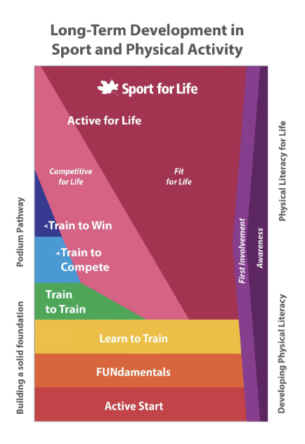 <p>Individuals develop Awareness and First Involvement at any stage of life — additionally, all individuals experience their own unique pathway within long-term develop of sports and physical literacy</p><ul><li><p><strong>Physical Literacy</strong>: Active Start, FUNdamentals, Learn to Train</p></li><li><p><strong>Excellence</strong>: Train to Train, Train to Compete, Train to Win</p></li><li><p><strong>Active for Life</strong>: Competitive for Life, Fit for Life, Sport/Physical Activity Leaders</p></li></ul><p></p>