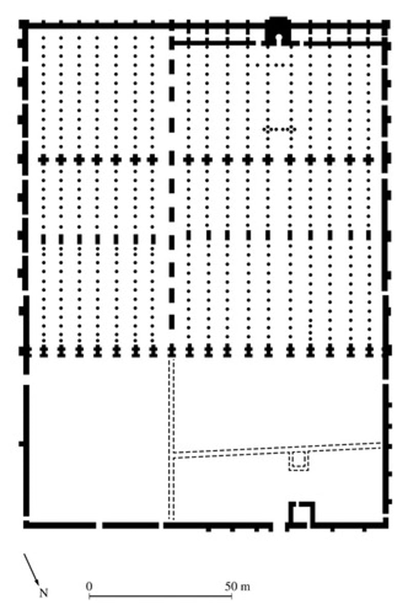 <p>The repetition of architectural elements in the Great Mosque at Córdoba, evident in the plan shown, indicates how the design could do which of the following as it was expanded over time?</p><p>A</p><p>Guide visitors to follow a prescribed route through the chambers</p><p>B</p><p>Use sliding temporary walls to create an open and flexible interior</p><p>C</p><p>Separate secular from sacred space to promote an atmosphere for worship</p><p>D</p><p>Retain the spatial orientation and reinforce the spiritual purpose of the building</p>