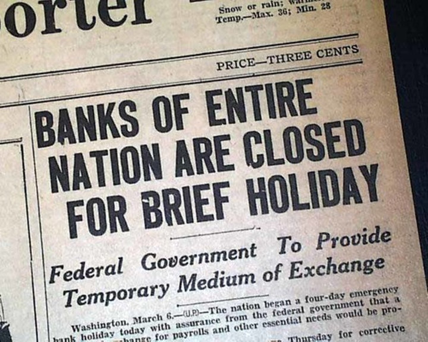 <p>Presidential closing of banks four days during the Great Depression to help recover</p>