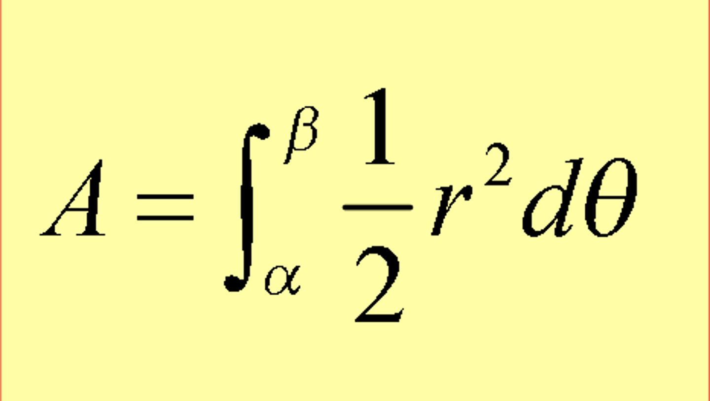 <p>1/2 ∫ r² over interval from a to b,</p><p>find α and β by setting r = 0, then solve for θ.</p><p>how to use:</p><p>theyll give r, so just sub into eq.</p>