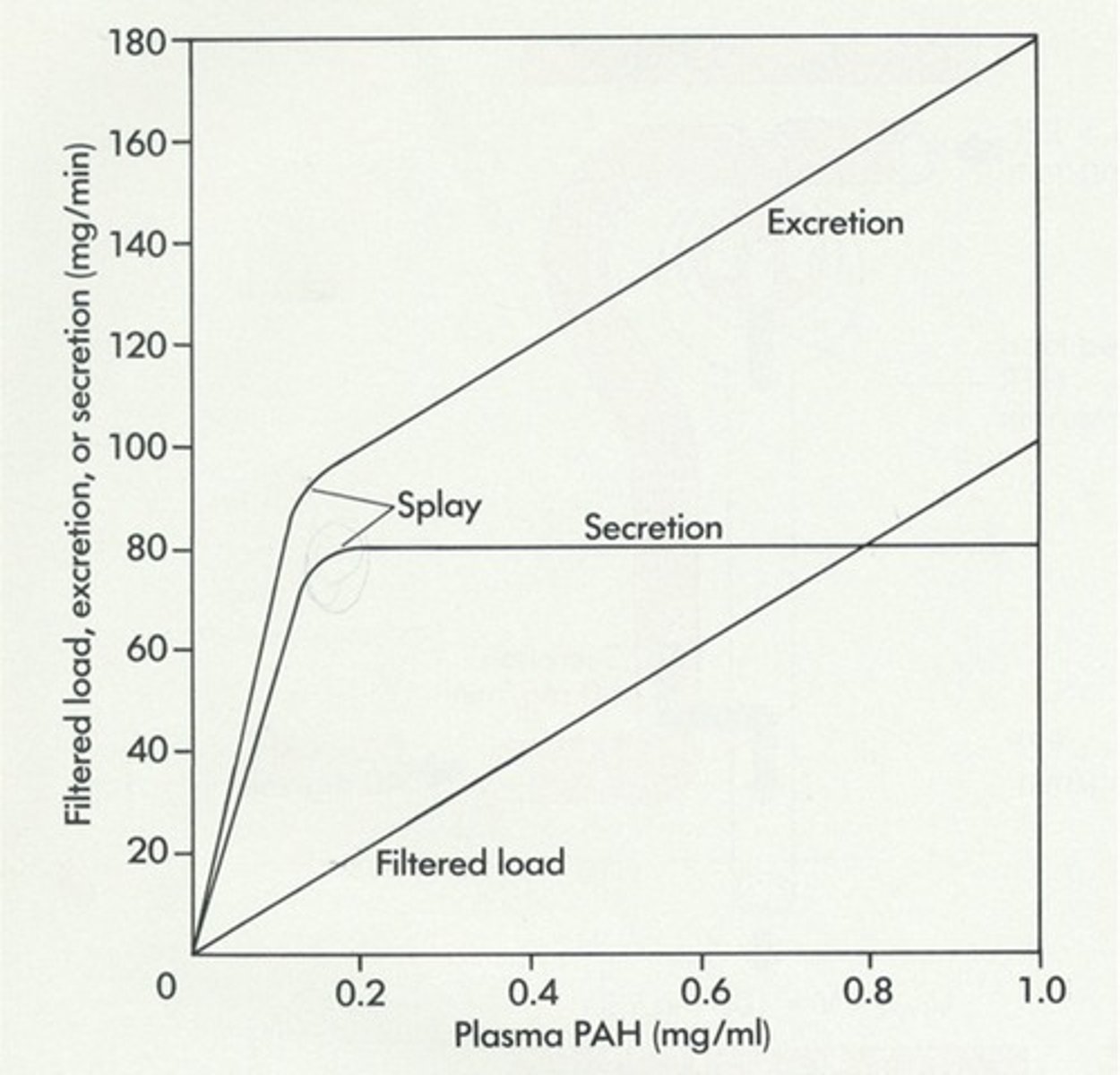 <p>no proteins for the reabsorption of PAH</p><p>20+80= 100 excreted</p><p>-differs by 80</p>