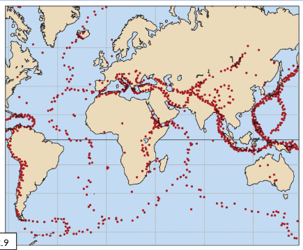 <p>Earthquakes in the</p><p>Oceans occur in patterns</p><p>Seismic Belts, follow bathymetric features like MORs, Trenches and fracture zones</p>
