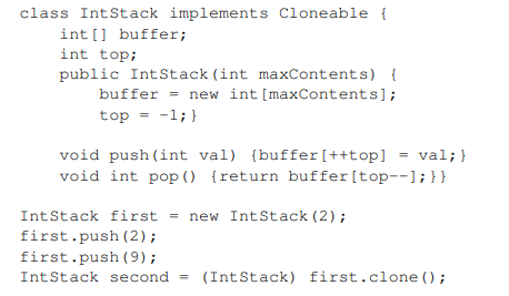 <p>The last line of the Java code below makes a shallow copy of an integer stack given by variable first and assigns it to second. Draw the data structures that are the values of first and second, keeping into account that second is a shallow copy. Also, show what information is on the heap vs the runtime stack.</p>