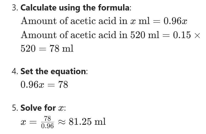 <p><span>To calculate the volume of a concentration needed to achieve another concentration, you can use the formula: <strong>V1×C1=V2×C2</strong></span></p><ul><li><p>V1: volume of initial conc.</p></li><li><p>C1: concentration of initial </p></li><li><p>V2: volume of final conc. we want to achieve</p></li><li><p>C2: desired conc. of final solution</p></li></ul><p>Thus: V1 × 10% = 100ml x 2%</p><p>V1 = 100ml x 2% /10% = 20ml </p><p>To make 100ml of a 2% solution, we would take 20ml of the 10% solution, and add 80ml of diluent (water) to reach final volume of 100ml. </p>
