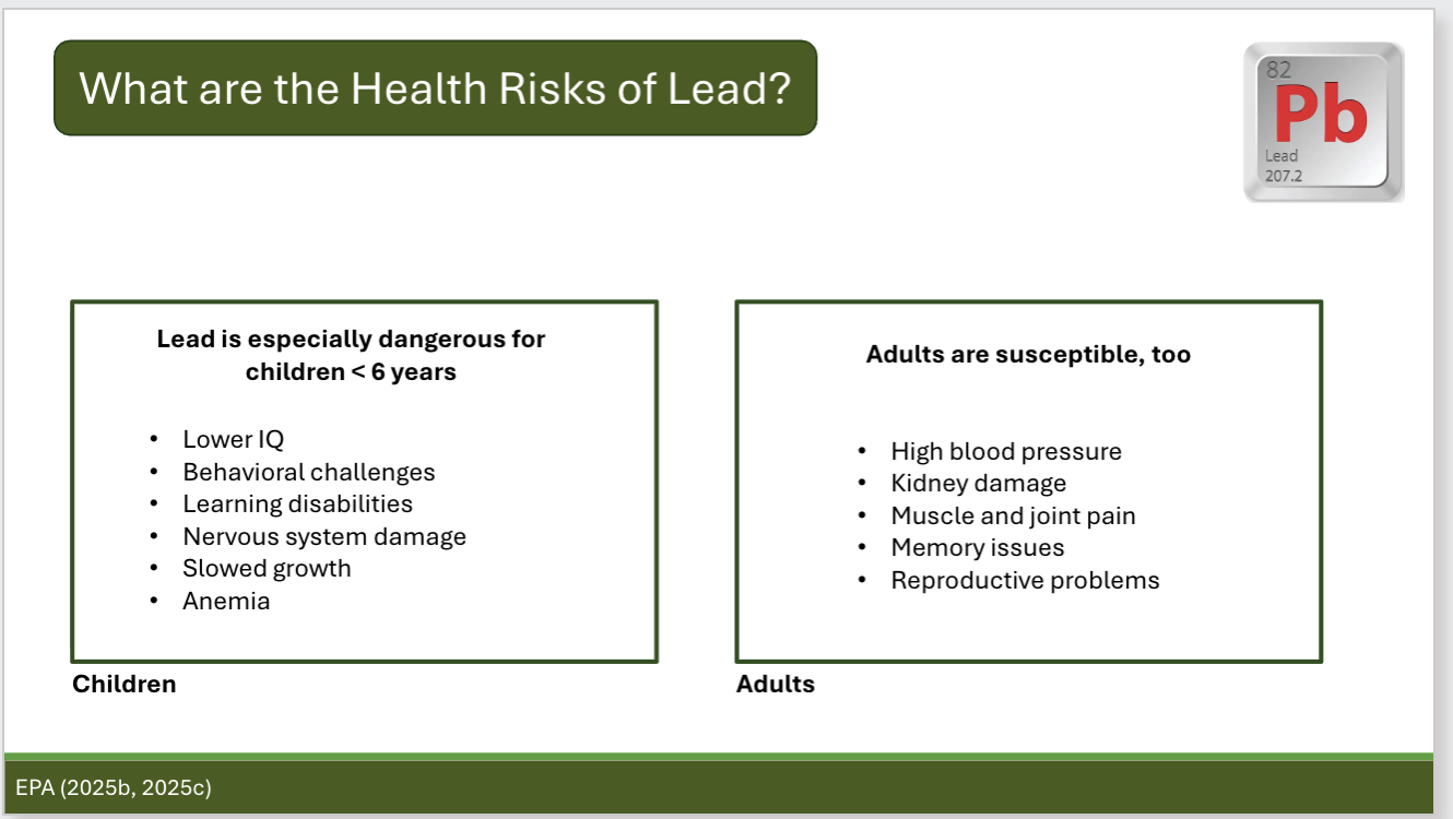 <p>Differentiate the health impacts of lead for young children and adults </p>