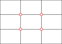 <p>The screen is divided up into three rows and three columns. The two lines that run parallel horizontally are called the eye line (upper line) and the horizon line (bottom line). And the ideal places to put something/someone of importance is at the intersections of the lines.</p>