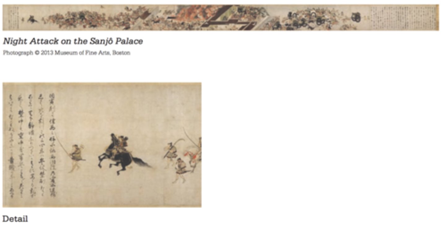 <p>Date: c. 1250-1300 CE Creator: Kamakura period artists Location: Japan Medium: Handscroll, ink &amp; color on paper Key Facts: Narrative scroll; dynamic action; depicts Heiji Rebellion</p>