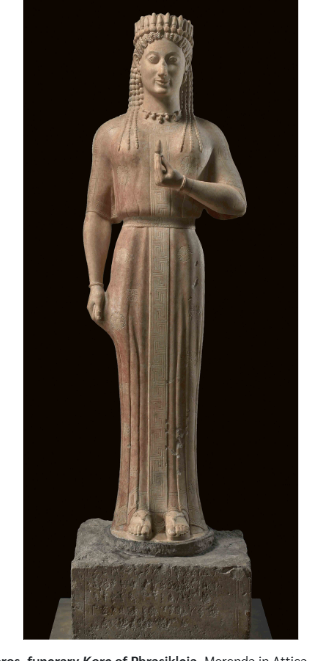<p>Peplos Kore. Archaic Greece. Votive. Archaic smile. Female figures are always clothed. detailed braiding. Paint traces can be found. 530 BCE</p>